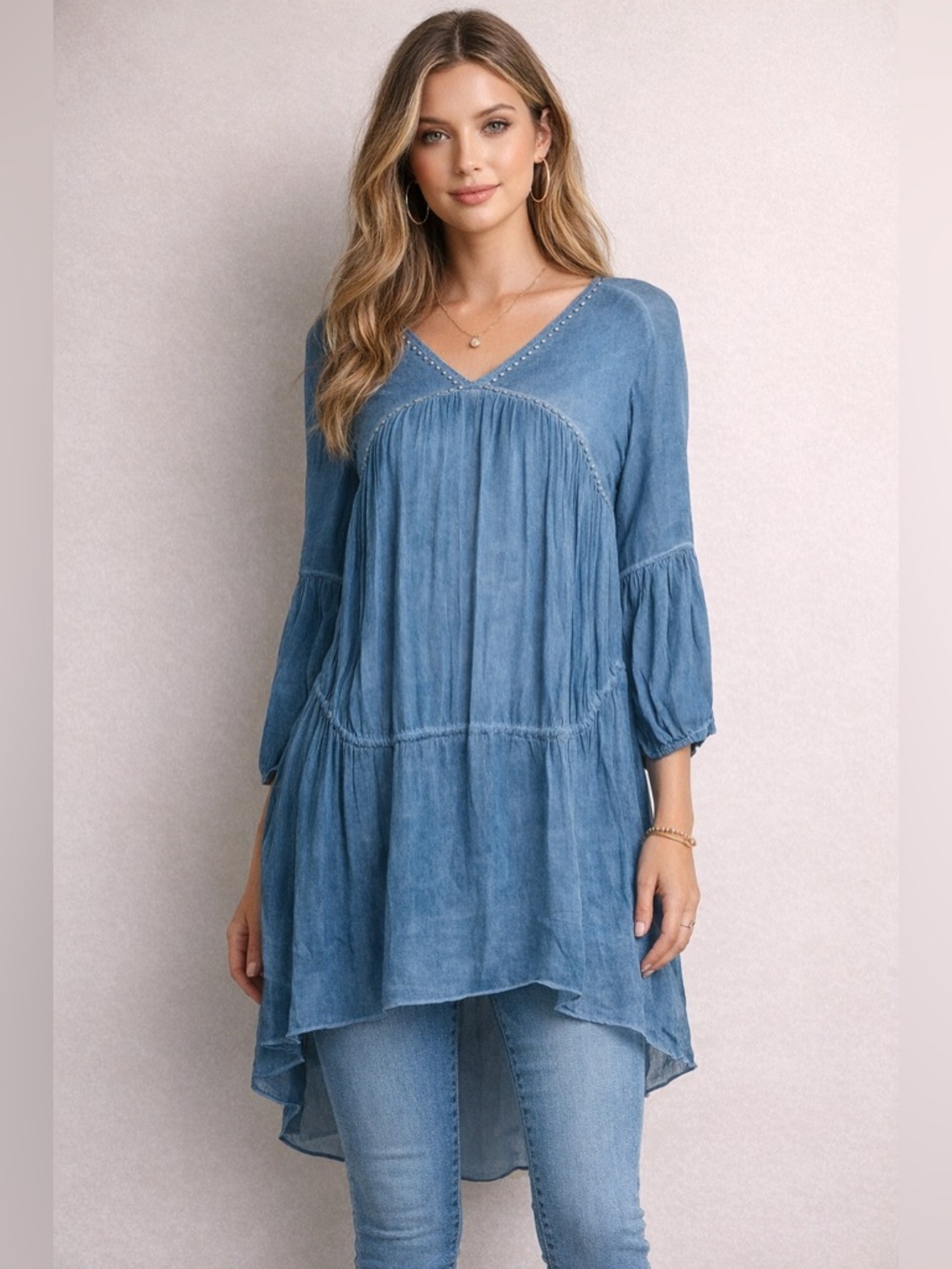 Roja Blue Tunic Dress Small Boho Flowy V-Neck Studded Sheer 100% Viscose
